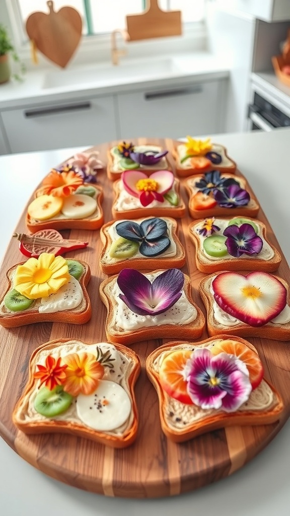 An assortment of artistic toasts with fruits and spreads, showcasing creativity in food presentation.
